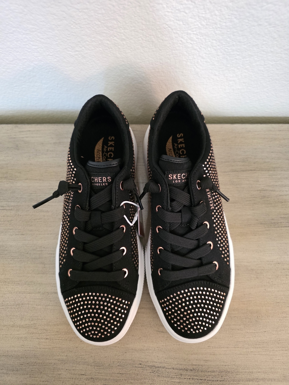Skechers Black Slip-On Sneakers with Rose Gold Studs Size 6